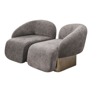 Set of 2 Right Arm and Left Arm Accent Chairs With Brass Base in Brown For Sale