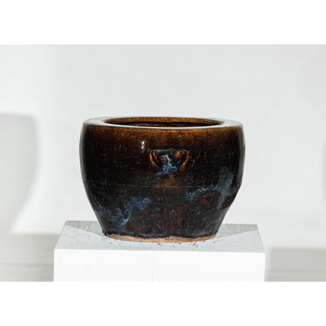 Vintage Brown and Blue Glazed Chinese Stoneware Planter with Rounded Lip For Sale - Image 18 of 18