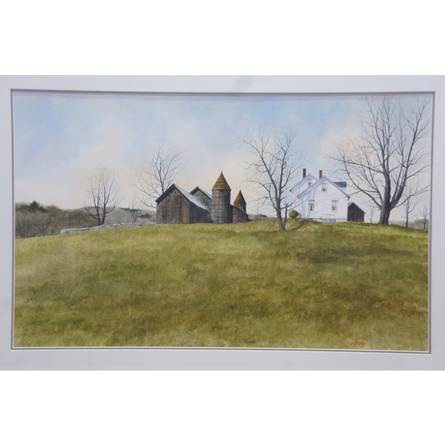 Thomas Puschock Farmhouse Barn Country Landscape Watercolor Painting 28" For Sale - Image 6 of 12