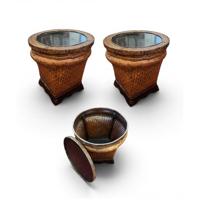 Mid-Century Boho Coastal Rattan Storage Side Tables - A Pair For Sale - Image 13 of 16
