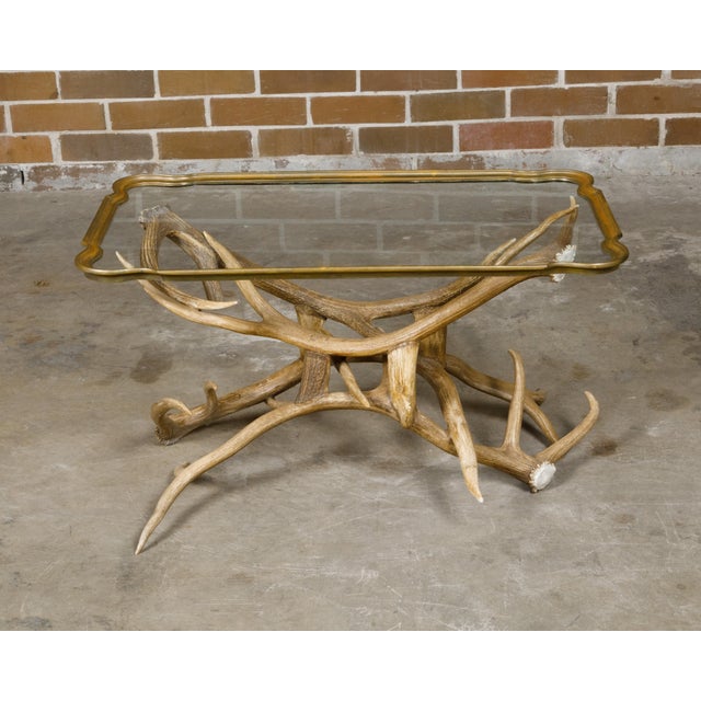 Brown Mid 20th Century Antler and Glass Midcentury American Coffee Table with Gilded Surround For Sale - Image 8 of 12