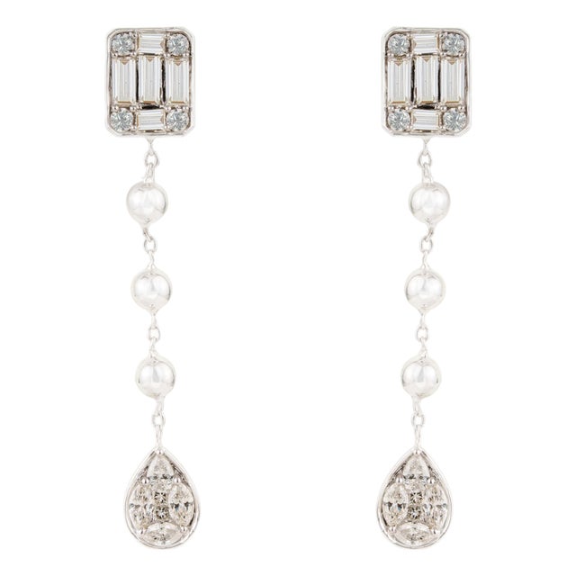 Modernist 1.08ct Mixed Cut Diamond Teardrop Chain Earrings in 14k White Gold- A Pair For Sale