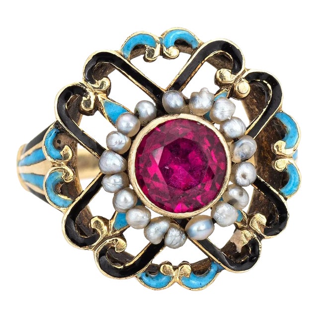Early 20th Century Antique Edwardian Enamel Ring Vintage 14k Yellow Gold Seed Pearls size 3 For Sale