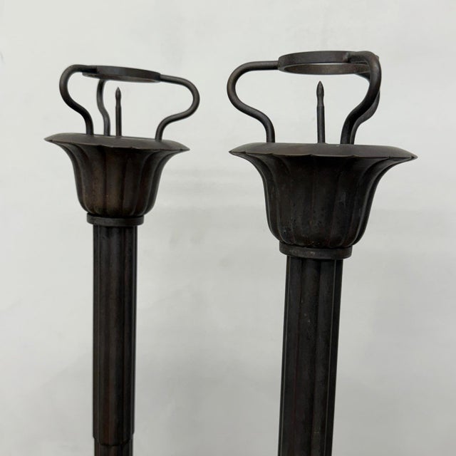 Early 20th Century Tall Metal Candle Holders with Petal Base Design - A Pair For Sale - Image 5 of 8