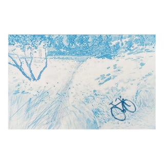 Small Contemporary Blue Tone Landscape With Bicycle Print For Sale