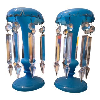 Antique Baccarat Style Blue Opaline Lustres - a Pair For Sale