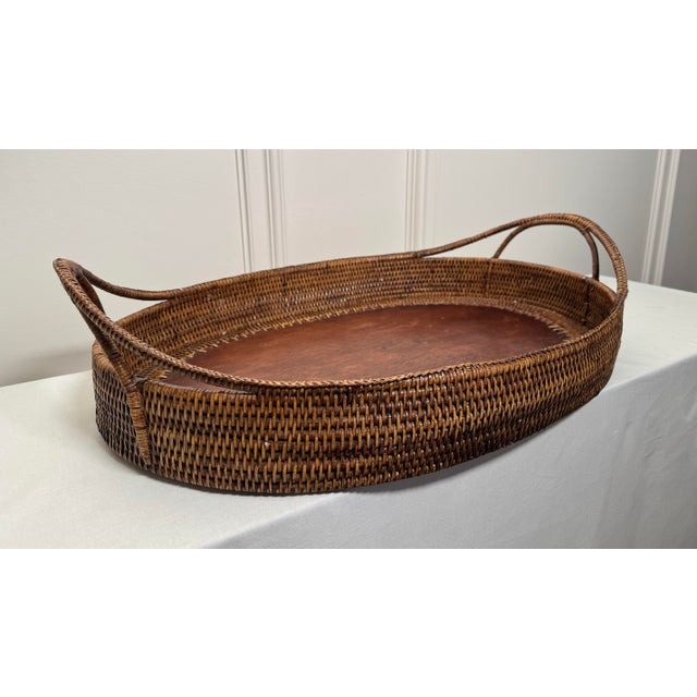 Vintage Monumental Oval Wicker Rattan & Wood Double Handled Tray For Sale - Image 9 of 9
