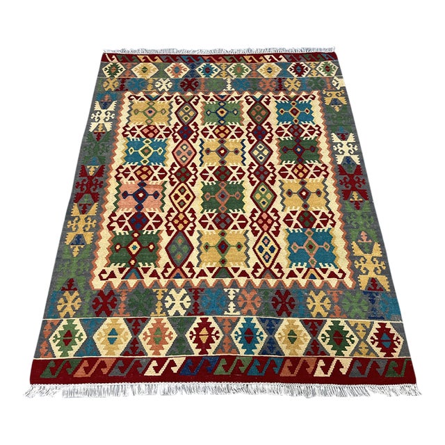 5'1" X 6'5" Multicolor Afghan Chobi Geometric Wool Flatweave Kilim Rug For Sale