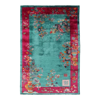 Chinese Art Deco Rug With Large Vining Flowers Teal Green and Red 9'6 X 13'5 For Sale