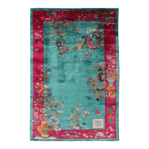 Chinese Art Deco Rug With Large Vining Flowers Teal Green and Red 9'6 X 13'5