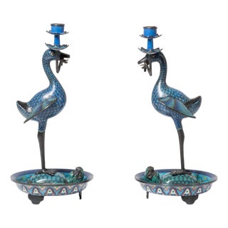 19th Century Cloisonné Bronze Candleholders Representing Cranes Birds and Turtles, Set of 2 For Sale