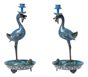 19th Century Cloisonné Bronze Candleholders Representing Cranes Birds and Turtles, Set of 2