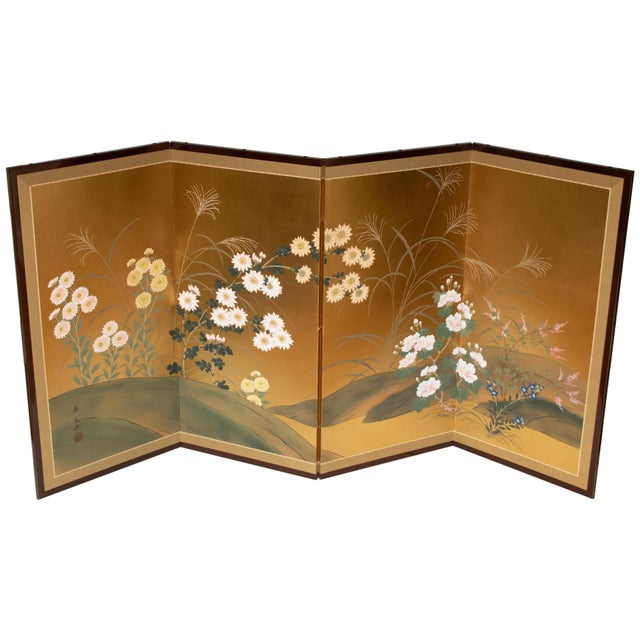 "Chrysanthemums, Rose Mallow and Bush Clover" by Shunsui, Showa Japanese Byobu Screen For Sale - Image 17 of 18