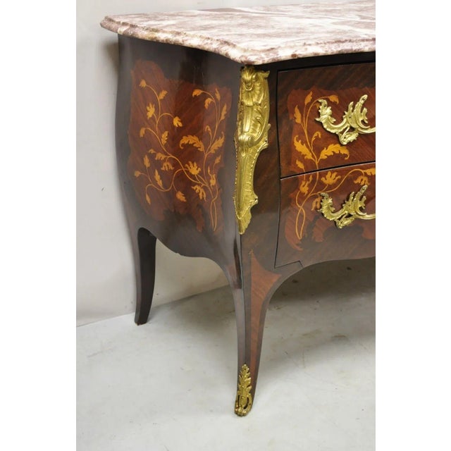 Late 20th Century French Louis XV Style Marble Top Bombe Commode Dresser Bronze Ormolu For Sale - Image 5 of 13