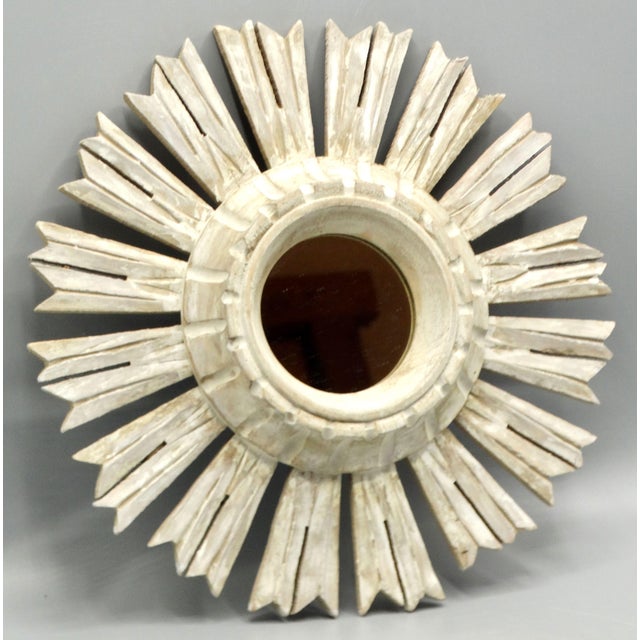 Wood Organic White-Washed Carved Wood Sunburst Mirror For Sale - Image 7 of 11