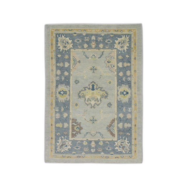Textile Early 21st Century Blue Floral Design Handwoven Wool Turkish Oushak Rug 4' X 6'1" For Sale - Image 7 of 7