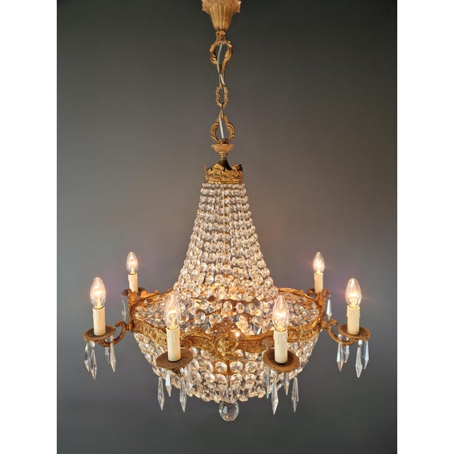 Brass Antique Oval Crystal Chandelier Louis XVI Revival Empire Style Brass 12 Lights For Sale - Image 8 of 13