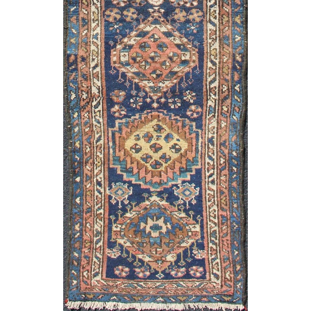Persian Colorful Persian Antique Karajeh Runner in Blue and Brown For Sale - Image 3 of 13