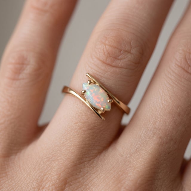 Contemporary Genuine White Opal Engagement Ring | October Birthstone Ring | Minimalist Twist Band Dainty Stacking Ring Us 7 For Sale - Image 3 of 3