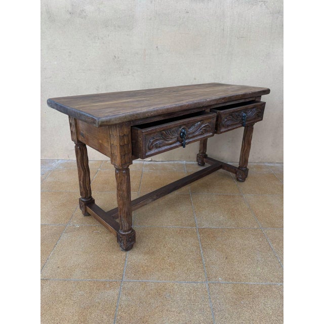 Rustic Spanish Walnut Console Table with Carved Drawers, 1920 For Sale - Image 3 of 12