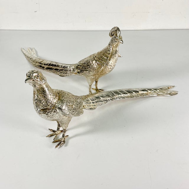 Early 20th C Vintage French Chippendale Hollywood Regency Game Bird Pheasant Silverplate Figurals - An Opposing Pair For Sale - Image 4 of 18