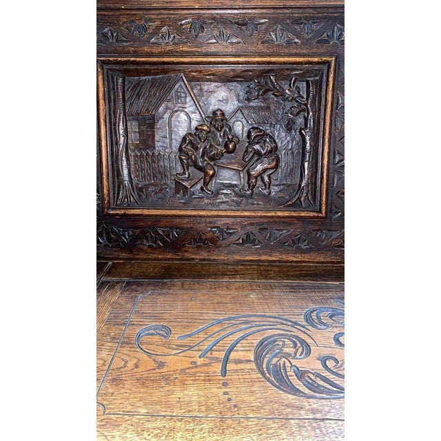 Gold French Renaissance Revival Carved Oak Hall Monks Bench with Lion Masks, 1860s For Sale - Image 8 of 15