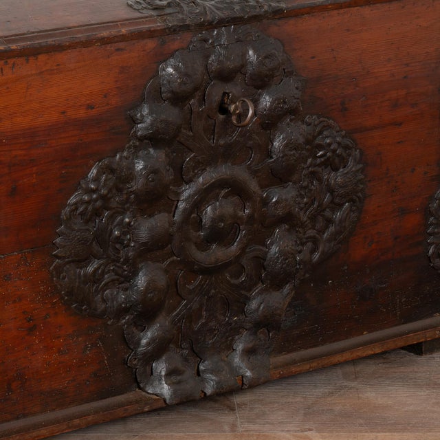 Mid 18th Century Pine Dome Top Trunk With Elaborate Hand-Wrought Iron Details, Denmark Circa 1760-1800 For Sale - Image 5 of 10