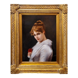 Alfred Seifert -Portrait of a Beautiful Girl With Roses-19th Century Oil Painting
