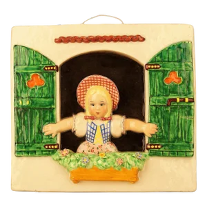 Mid-20th Century Rural Decorative Wall Porcelain of a Girl Looking Through Window Made by Trevir From Vincenza, Italy