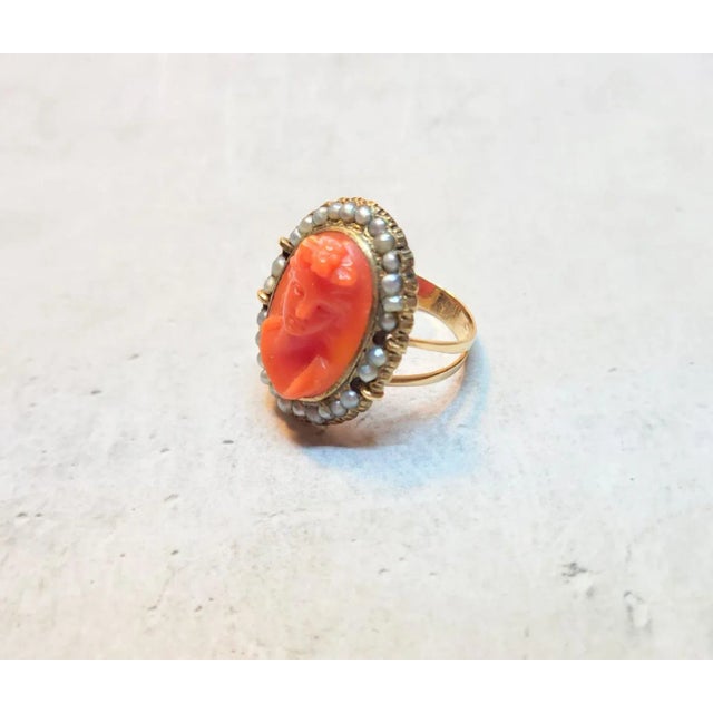 Victorian 14kt Gold Coral Cameo and Seed Pearl Ring, Circa 1860–1880 For Sale In Cleveland - Image 6 of 9