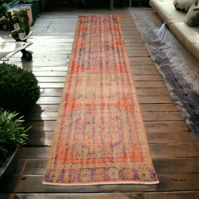 Faded Colors Runner Rug Low Pile Distressed Oushak Runner Rug - 2'11" X 11'10" For Sale - Image 4 of 11