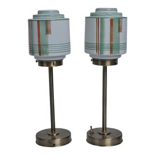 1930s Art Deco Brass Table Lamps With Art Glass European Shades - a Pair For Sale