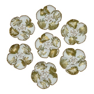 Antique French Limoges Porcelain Oyster 22k Gold & Ferns Decorated Plates Set of 7 For Sale