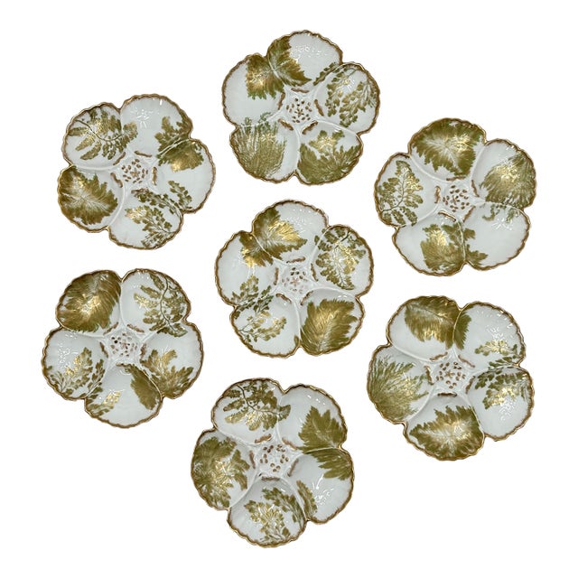 Antique French Limoges Porcelain Oyster 22k Gold & Ferns Decorated Plates Set of 7 For Sale