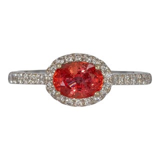 Padparadscha Sapphire Ring With Diamond Halo: Solid 14k Gold, Size 6.75 For Sale