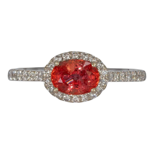 Padparadscha Sapphire Ring With Diamond Halo: Solid 14k Gold, Size 6.75