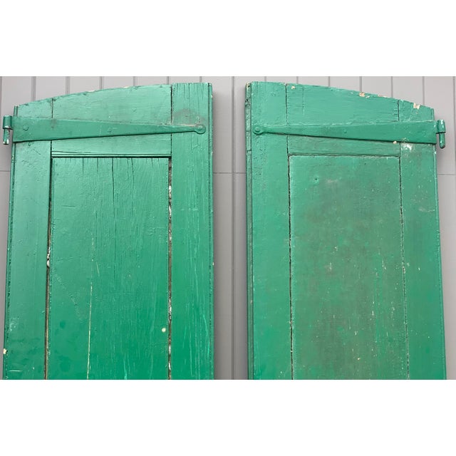 Farmhouse Antique European Arched Wood Shutters in Aged Green Paint – Pair For Sale - Image 3 of 9