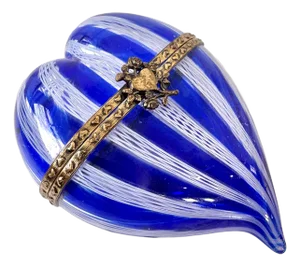 Murano Latticino Venetian Glass Heart Shaped Trinket Box. Blue and White