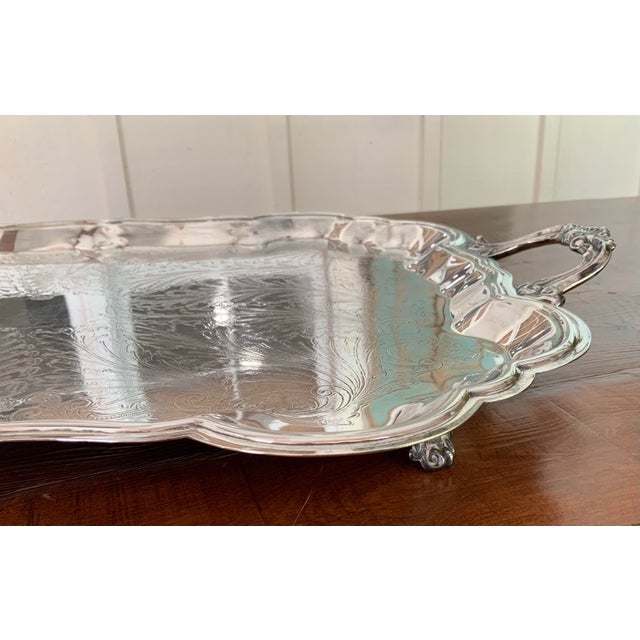 Metal Oversized Vintage F. B. Rogers Footed Silverplate Butler Tray With Handles — 27.75” Traditional • Hollywood Regency • Palm Beach Regency • Tea Service For Sale - Image 7 of 9