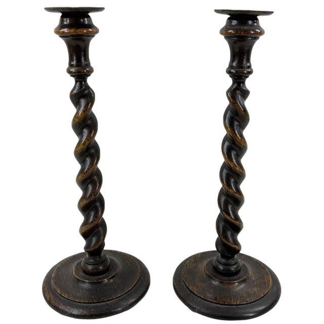 12.5” Antique English Oak Barley Twist Candlesticks With Brass Inserts - Pair For Sale - Image 13 of 14