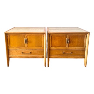 1960s Pair Mid-Century Modern Drexel Walnut Nightstands With Travertine Tops For Sale