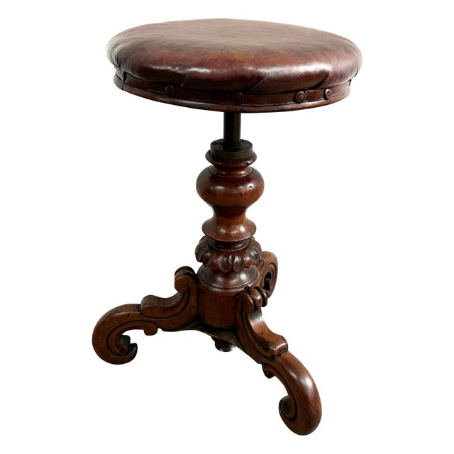 Victorian Revolving Piano Stool on Turned Carved Column with Triple Scroll Support and Leather Top, 1860s For Sale - Image 15 of 15
