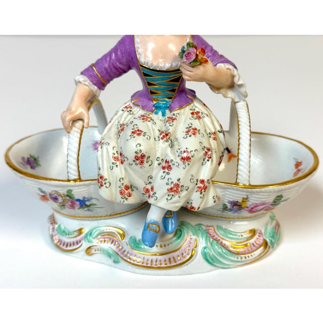Meissen Rococo Figural Sweetmeat Dish Seated Maiden with Twin Floral Baskets For Sale In West Palm - Image 6 of 13