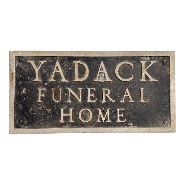 Vintage Cast Metal "Yadack Funeral Home" Trade Sign For Sale