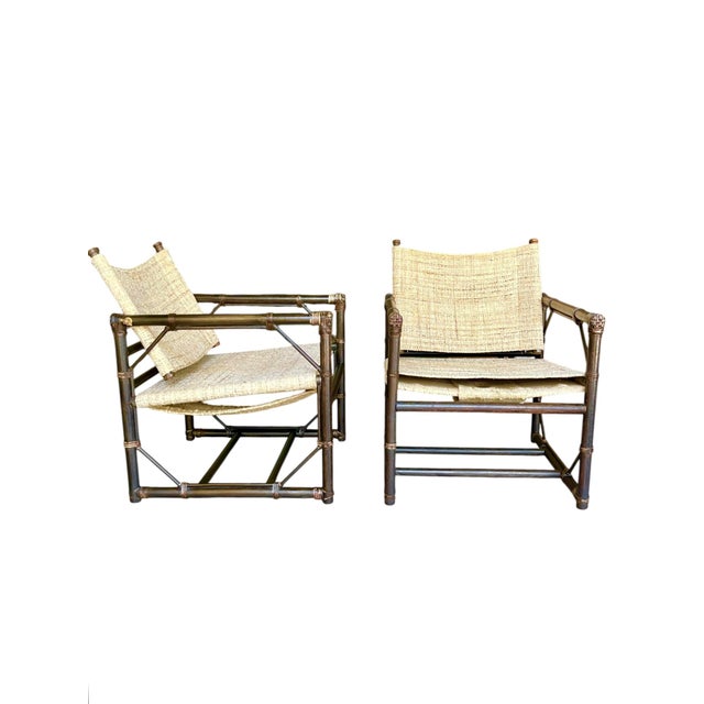 Attributed to Forbes for McGuire Vintage Campaign Safari Lounge Chairs in Woven Silk & Wood – Pair For Sale - Image 17 of 18