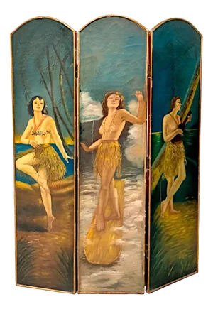 Vintage Screen with Painted Polynesian Women, France, 1930s