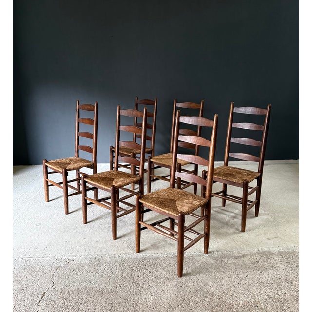 Vintage Rustic Design High Ladder Back Oak & Rush Dining Chair set of 6. Made in Belgium, 1950's period. Solid oak frame...