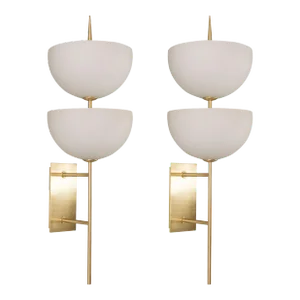 Pair of Monumental Reverse-Dome Trophy Sconces in Murano Milk Glass and Brass