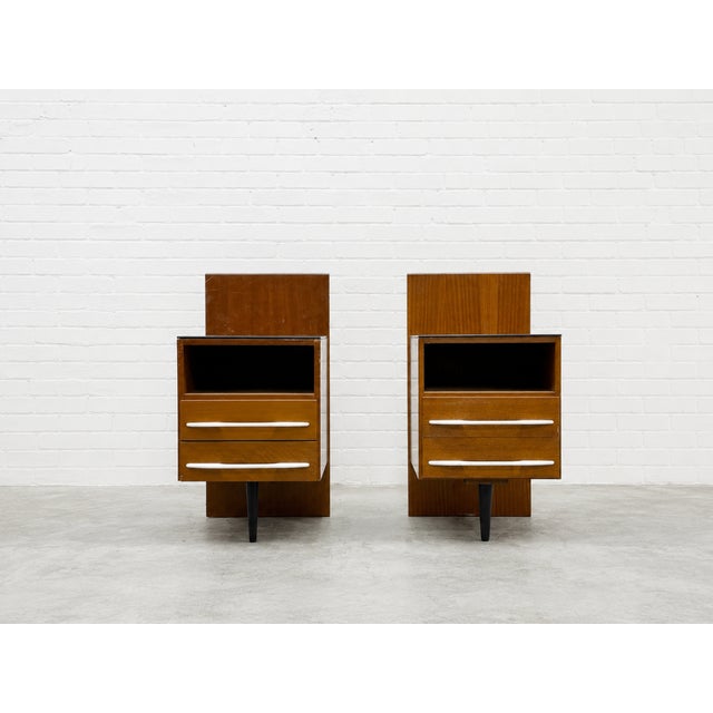 UP Závody Pair of Mid Century Modern Floating Nightstands + Black Glass Tops by Mojmir Pozar for Up Zavody, C. 1950s For Sale - Image 4 of 14
