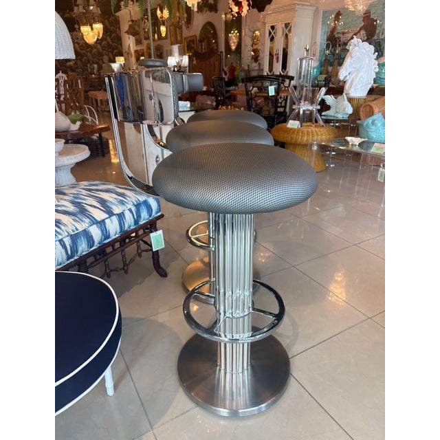 Metal Design for Leisure LTD Set of 3 Bar Stools Fluted Chrome Steel Swivel For Sale - Image 7 of 12